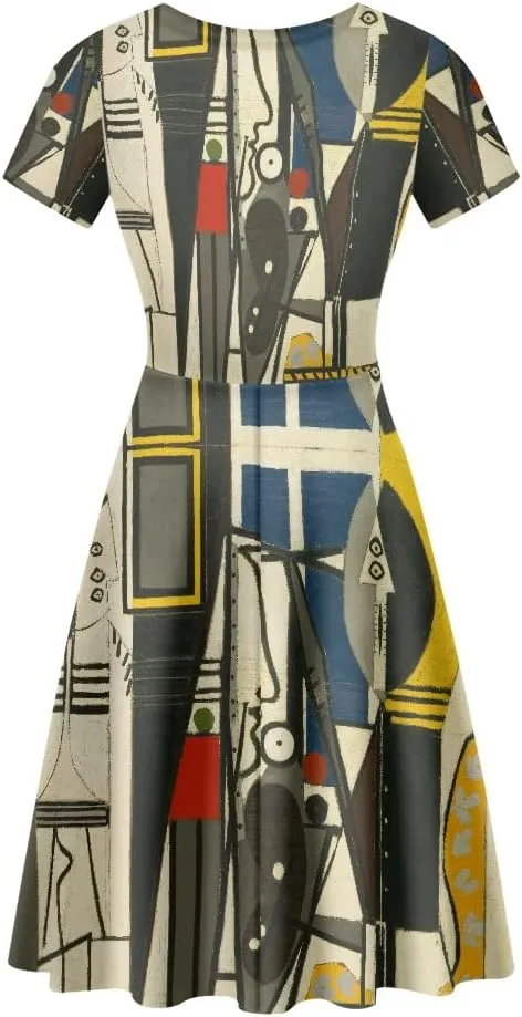 JooMeryer Women's Plus Size Dress Art Painting Picasso Printed Short Sleeve Lightweight Midi Dress
