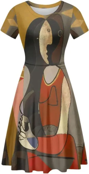 JooMeryer Women's Plus Size Dress Art Painting Picasso Printed Short Sleeve Lightweight Midi Dress