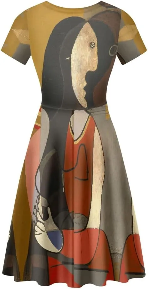 JooMeryer Women's Plus Size Dress Art Painting Picasso Printed Short Sleeve Lightweight Midi Dress