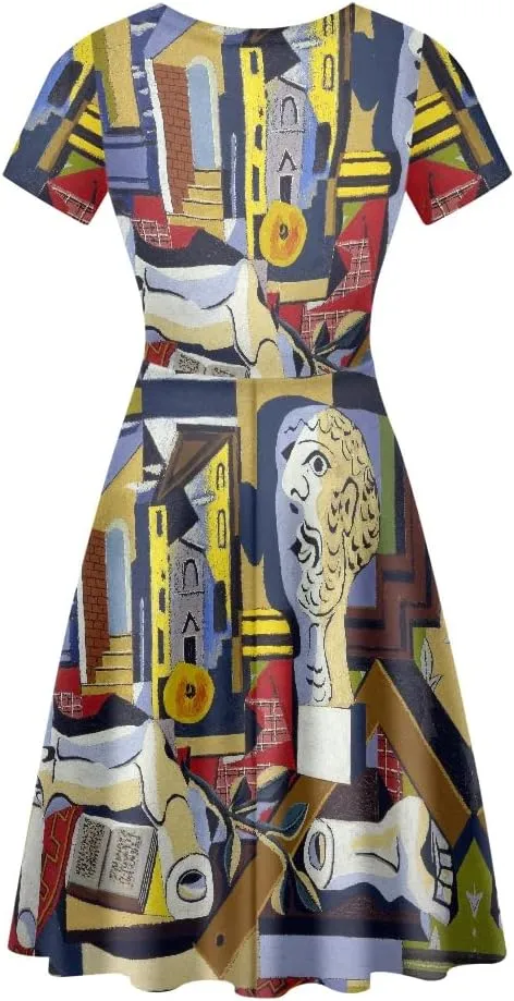 JooMeryer Women's Plus Size Dress Art Painting Picasso Printed Short Sleeve Lightweight Midi Dress