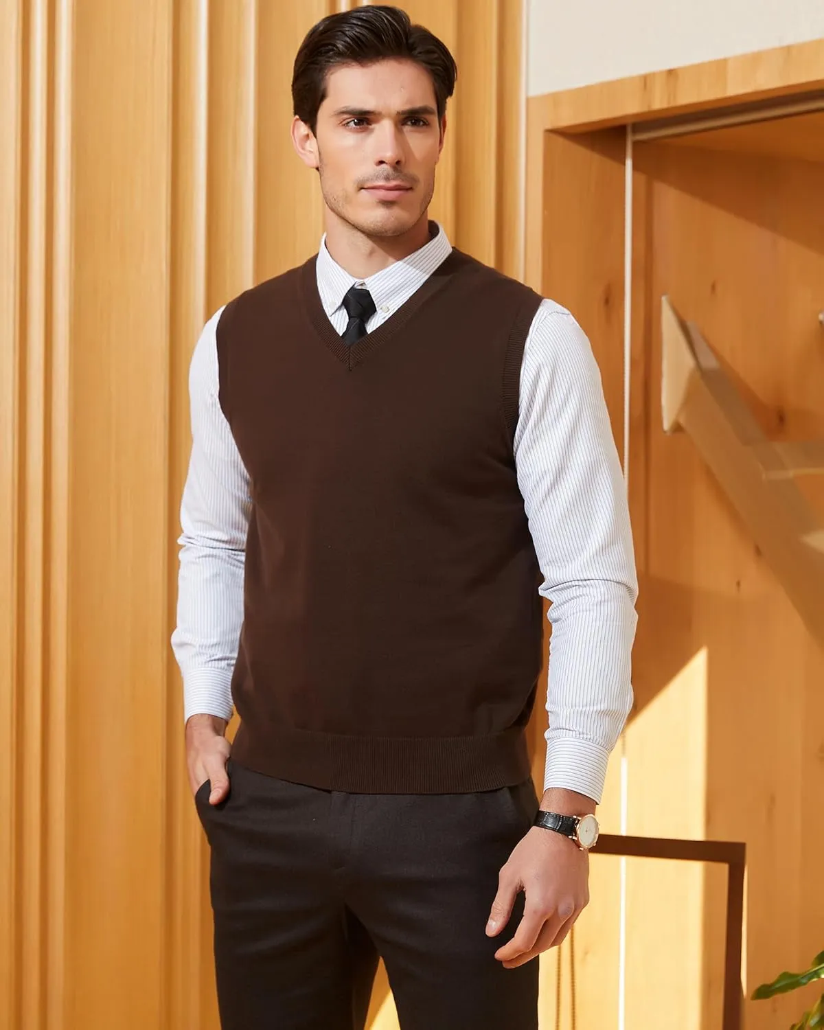 Kallspin Men's Pure Cotton Sweater Vest V Neck Regular Fit Knit Sleeveless Pullover Sweater