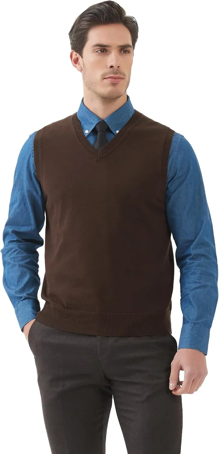 Kallspin Men's Pure Cotton Sweater Vest V Neck Regular Fit Knit Sleeveless Pullover Sweater