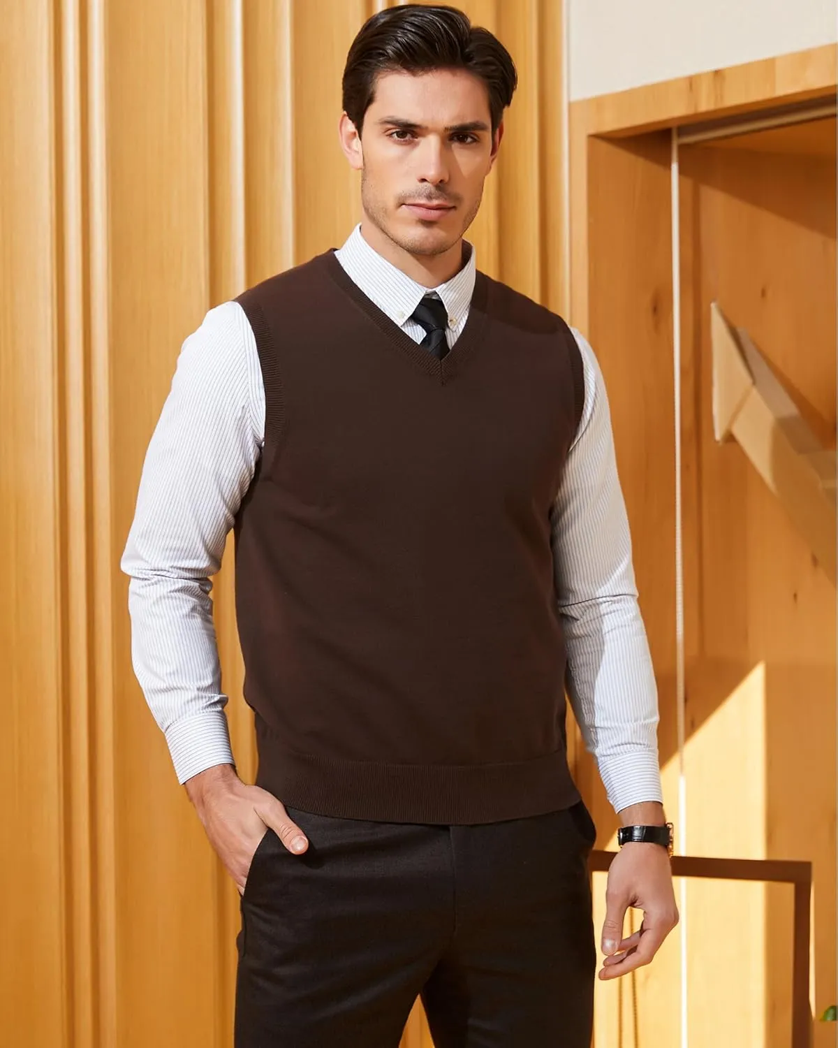 Kallspin Men's Pure Cotton Sweater Vest V Neck Regular Fit Knit Sleeveless Pullover Sweater