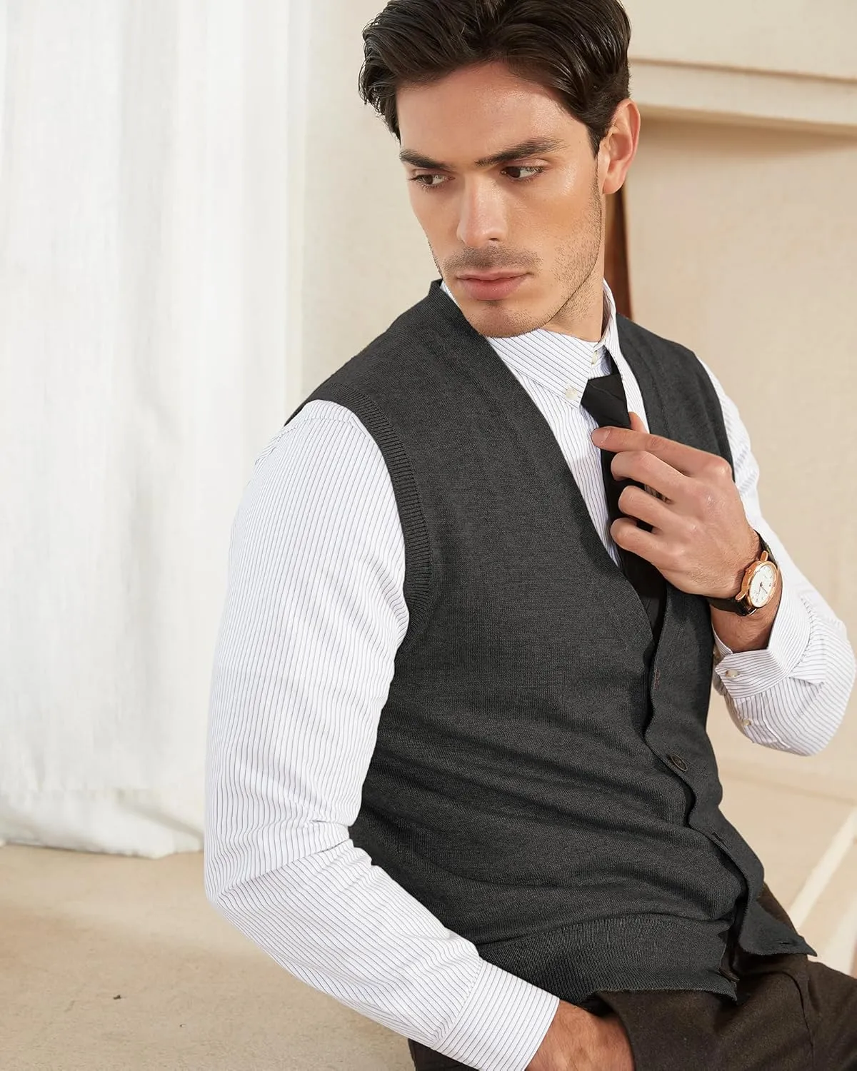 Kallspin Men's Sweater Vest Wool Blend V-Neck Button Sleeveless Cardigan Vest Sweater