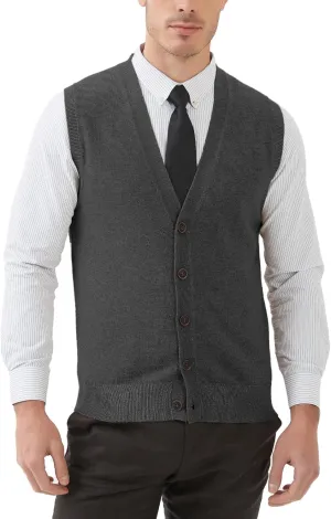 Kallspin Men's Sweater Vest Wool Blend V-Neck Button Sleeveless Cardigan Vest Sweater