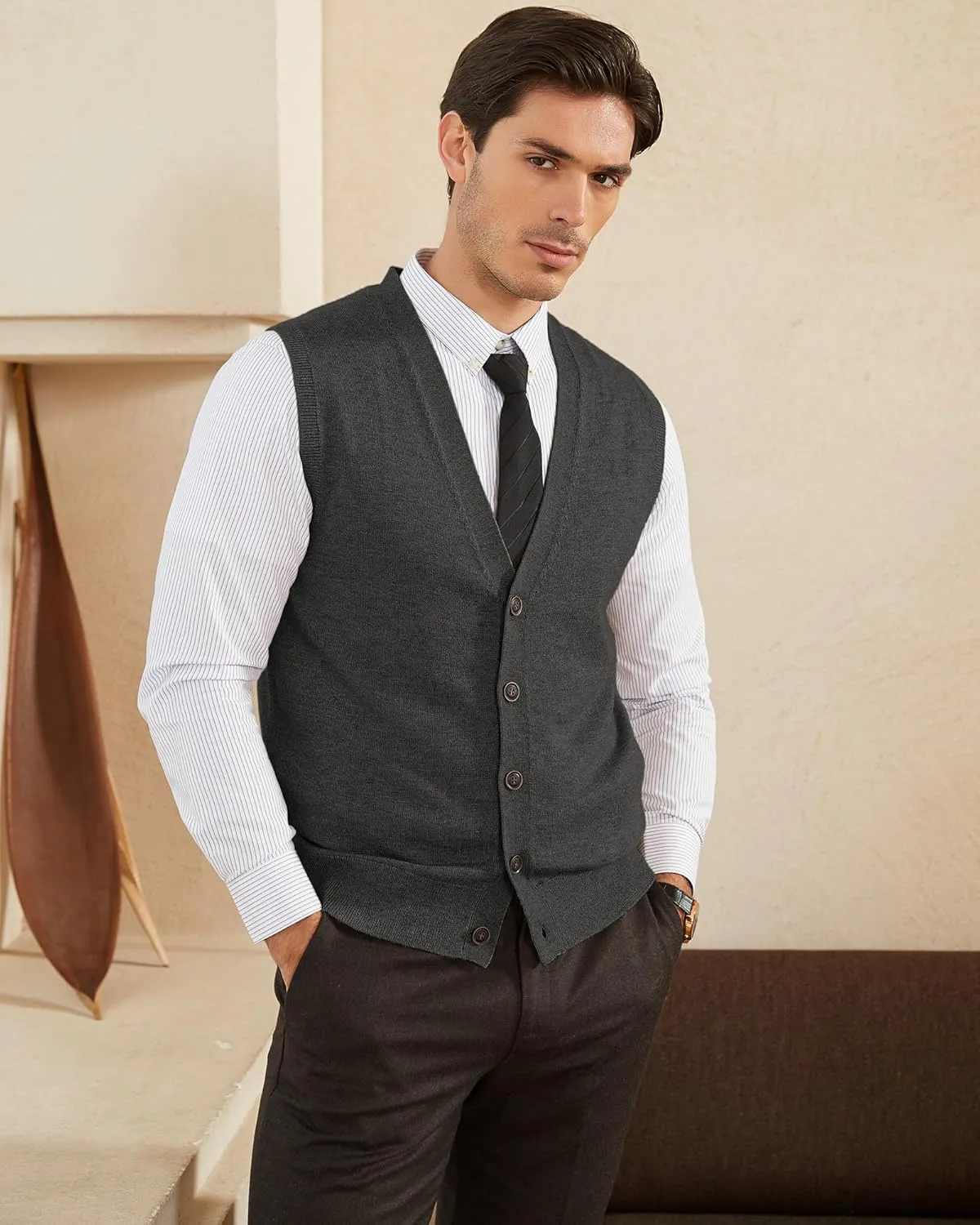Kallspin Men's Sweater Vest Wool Blend V-Neck Button Sleeveless Cardigan Vest Sweater