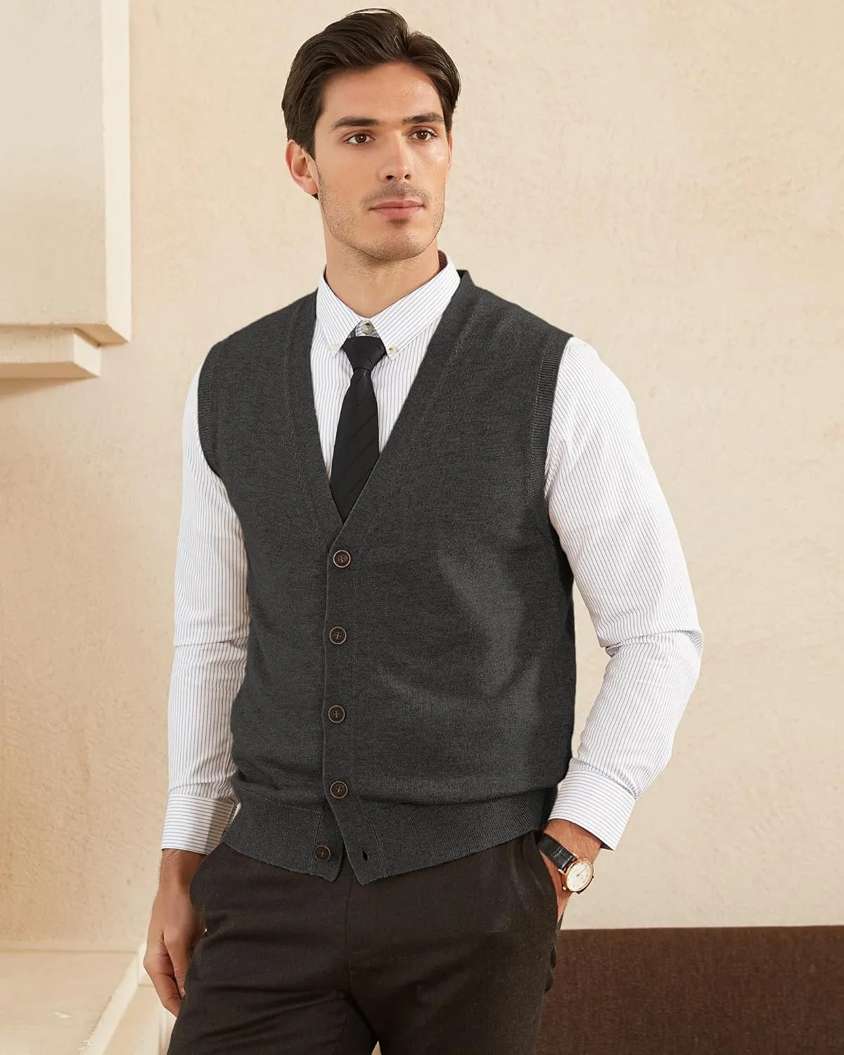 Kallspin Men's Sweater Vest Wool Blend V-Neck Button Sleeveless Cardigan Vest Sweater