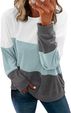 KISSMODA Womens Casual Long Sleeve Sweatshirts Color Block/Solid Tops Corduroy Crewneck Tunic Pullover with Pockets