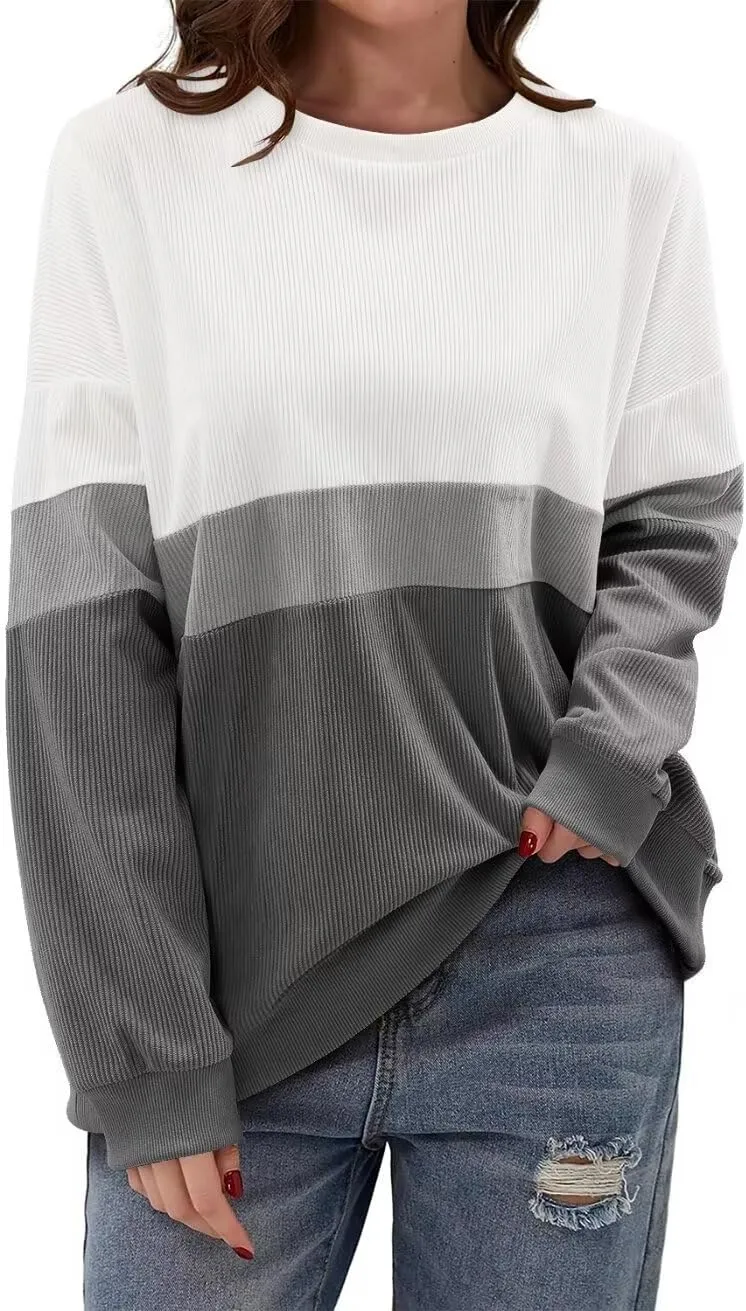 KISSMODA Womens Casual Long Sleeve Sweatshirts Color Block/Solid Tops Corduroy Crewneck Tunic Pullover with Pockets