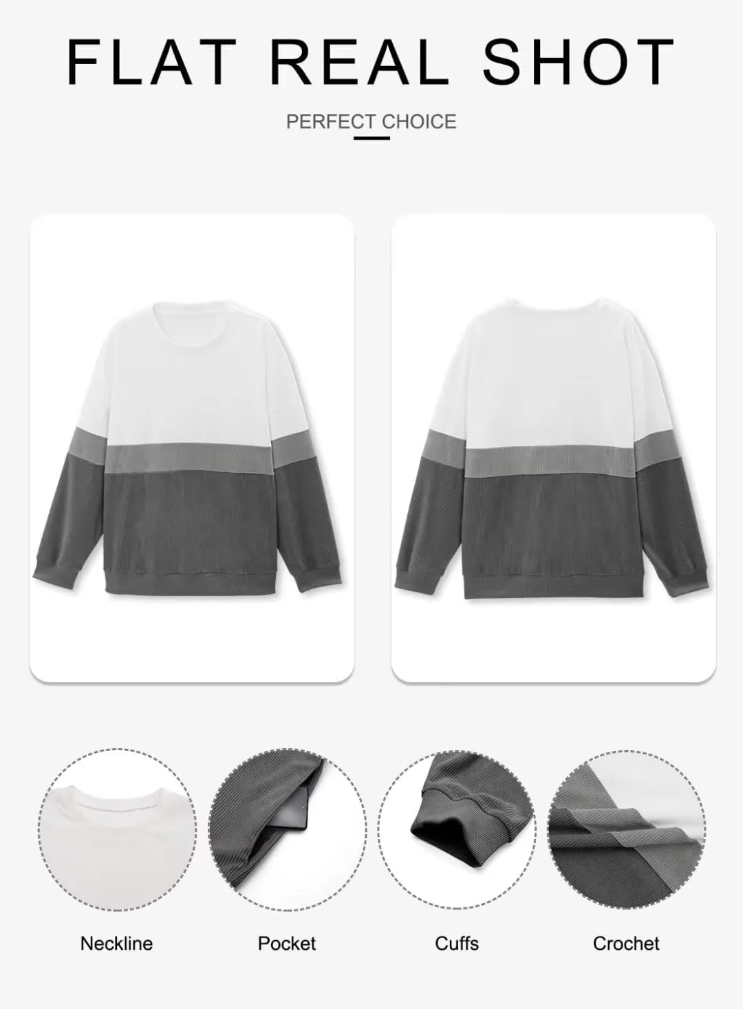 KISSMODA Womens Casual Long Sleeve Sweatshirts Color Block/Solid Tops Corduroy Crewneck Tunic Pullover with Pockets