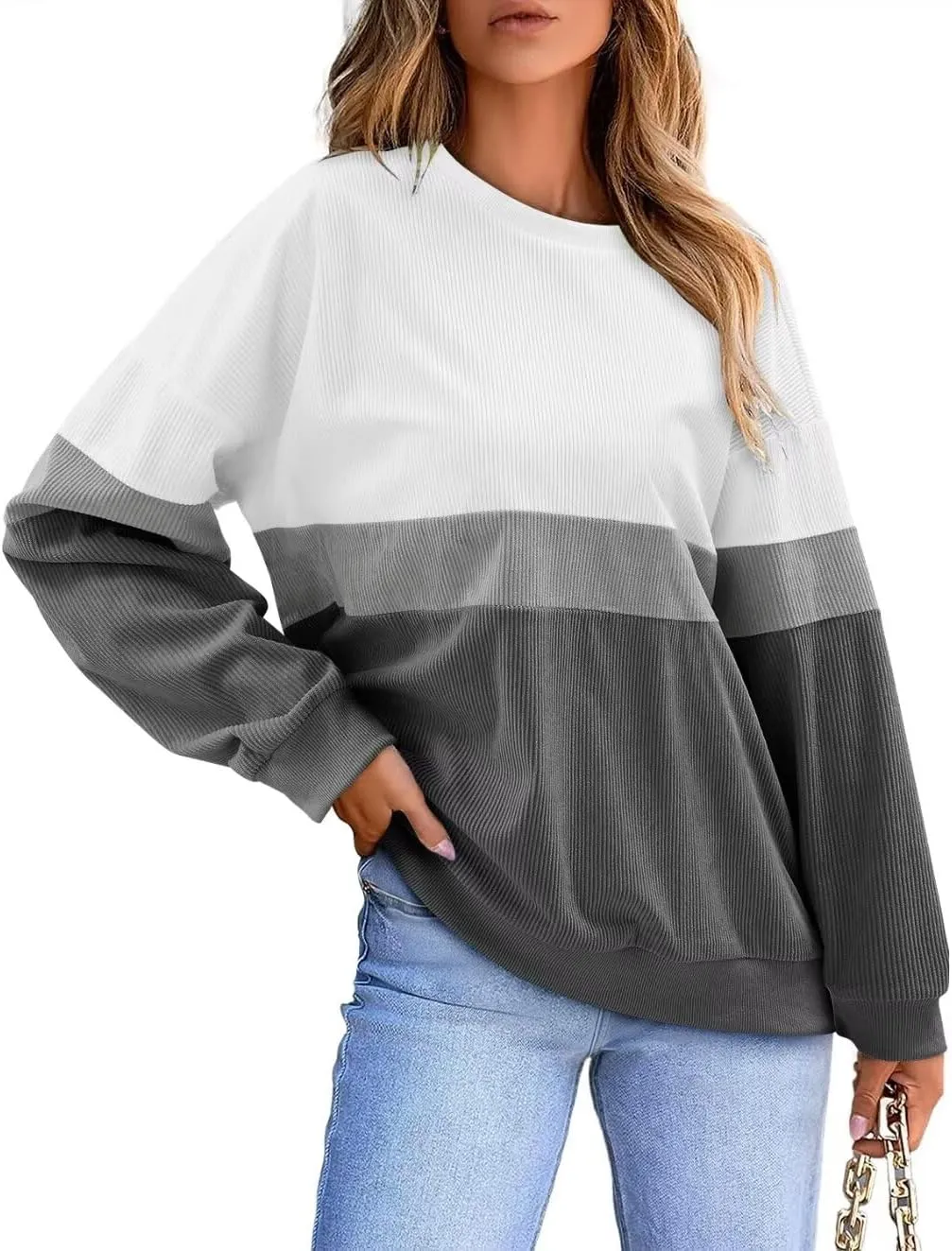 KISSMODA Womens Casual Long Sleeve Sweatshirts Color Block/Solid Tops Corduroy Crewneck Tunic Pullover with Pockets