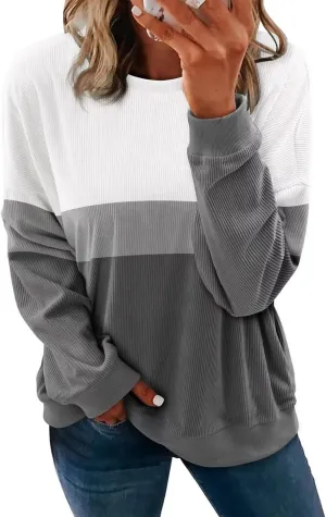 KISSMODA Womens Casual Long Sleeve Sweatshirts Color Block/Solid Tops Corduroy Crewneck Tunic Pullover with Pockets