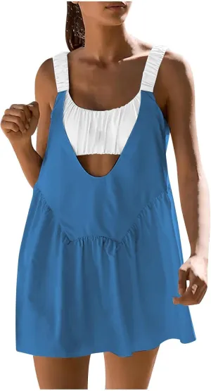 Lastesso Summer Dresses for Women 2024 Trendy Elastic Cutout Sleeveless Sundresses Lightweight Ruffle Hem Flowy Mini Dresses