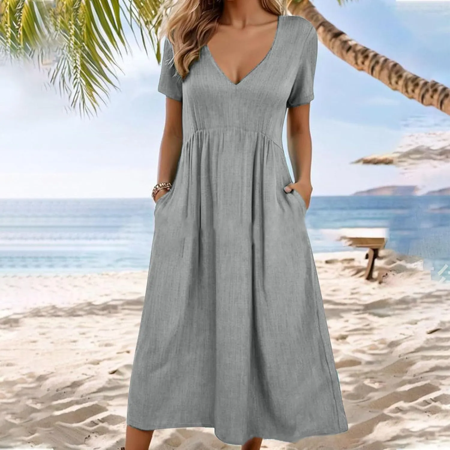 Lastesso Sundresses for Women 2024 Deep V Neck Short Dresses with Pockets High Waist Lightweight Cotton Linen Summer Dresses