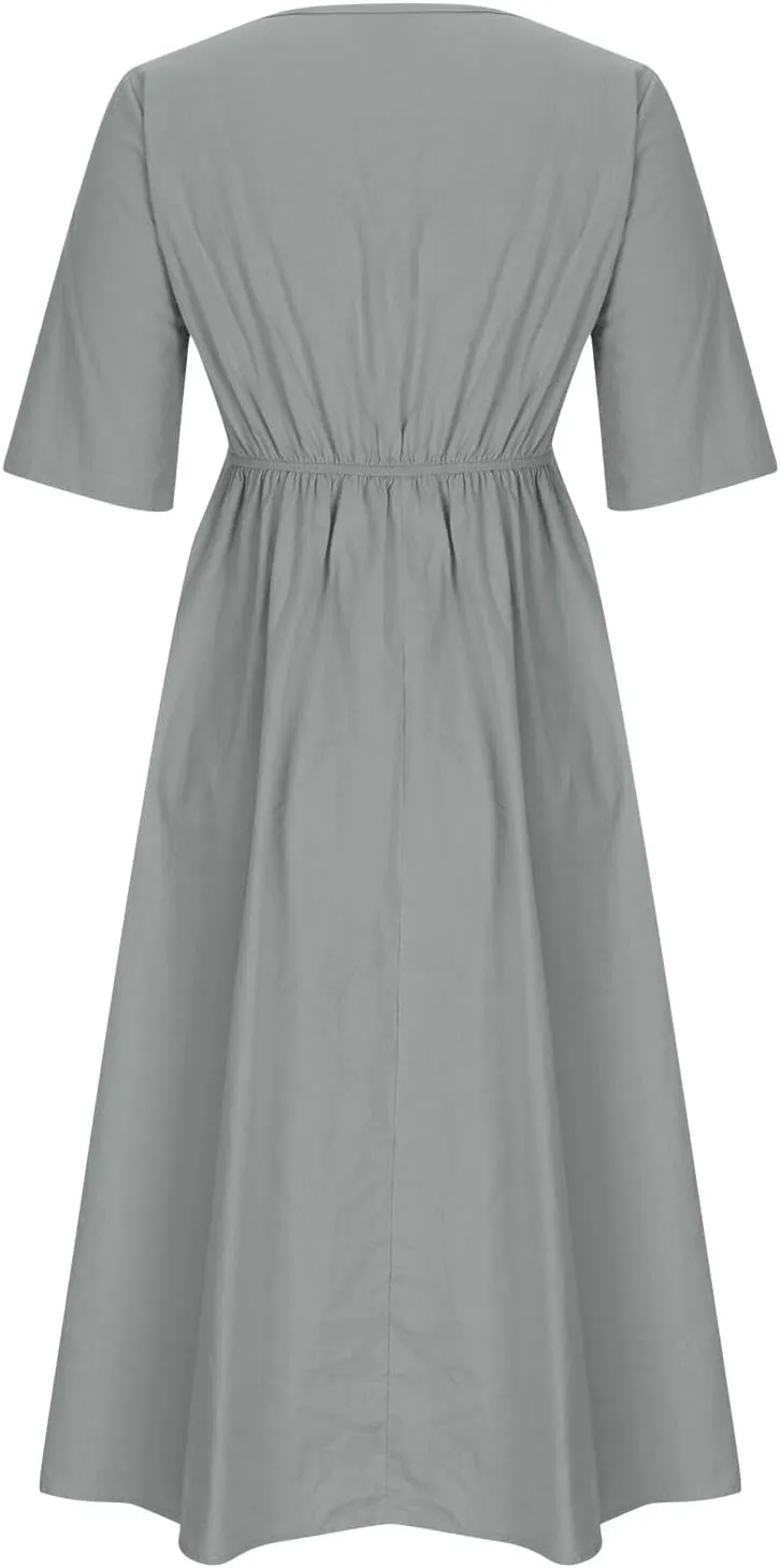 Lastesso Sundresses for Women 2024 Deep V Neck Short Dresses with Pockets High Waist Lightweight Cotton Linen Summer Dresses