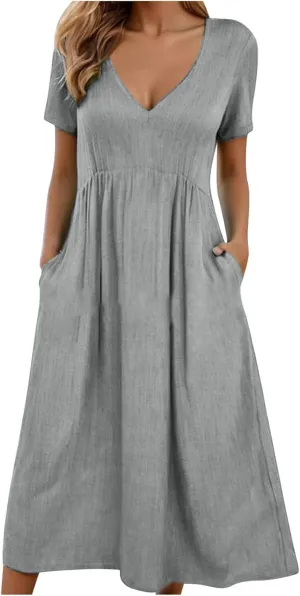 Lastesso Sundresses for Women 2024 Deep V Neck Short Dresses with Pockets High Waist Lightweight Cotton Linen Summer Dresses