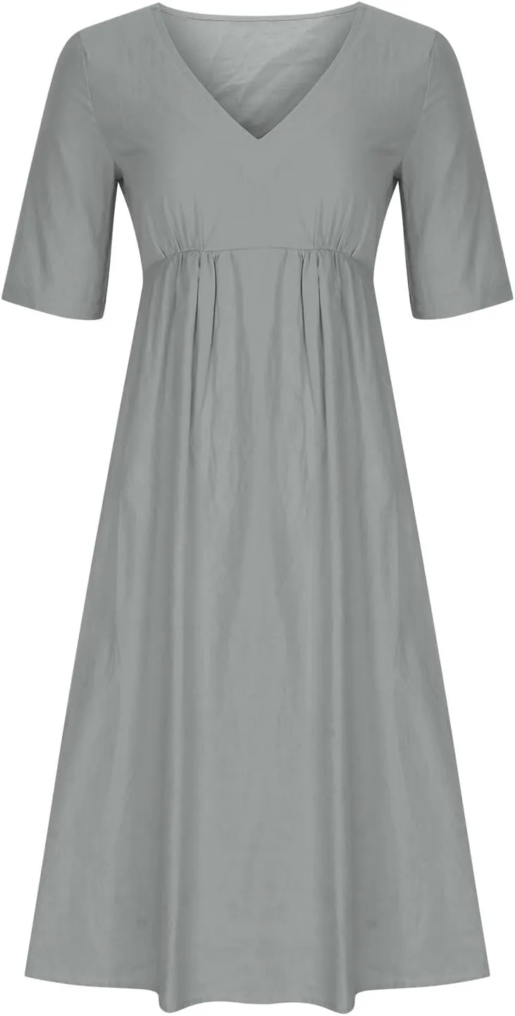Lastesso Sundresses for Women 2024 Deep V Neck Short Dresses with Pockets High Waist Lightweight Cotton Linen Summer Dresses