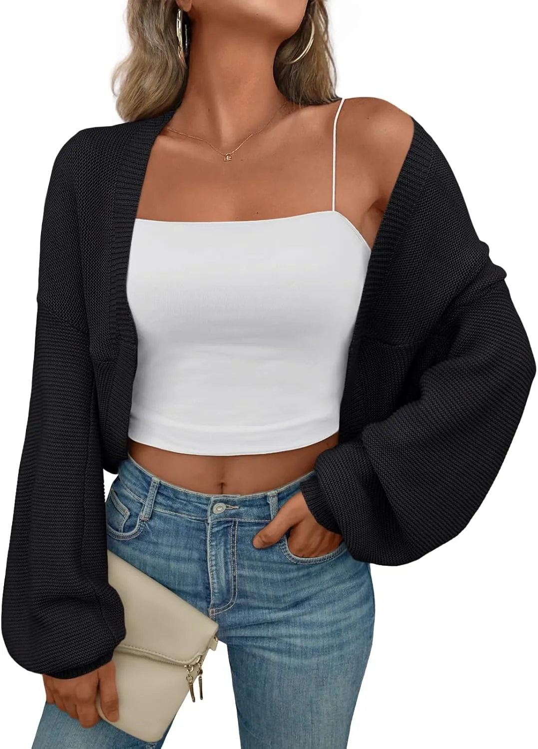 LILLUSORY Bolero Shrug Cardigan Sweater Fall Batwing Long Sleeve Cropped Open Front Knitted Sweaters