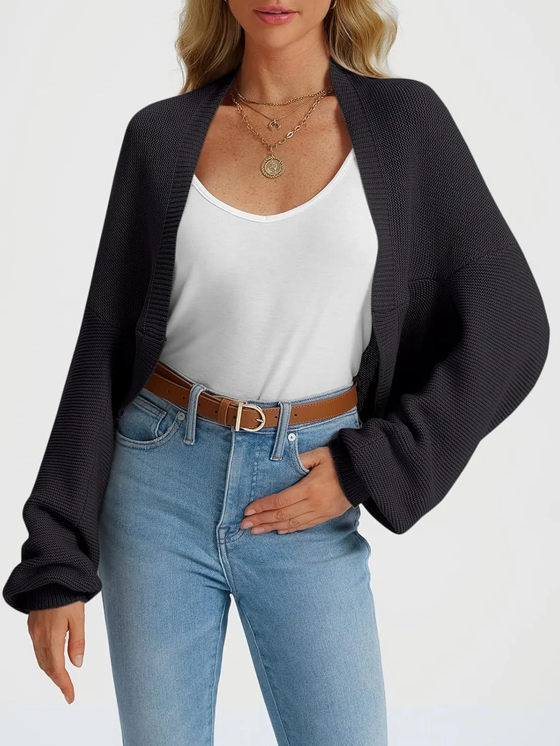 LILLUSORY Bolero Shrug Cardigan Sweater Fall Batwing Long Sleeve Cropped Open Front Knitted Sweaters