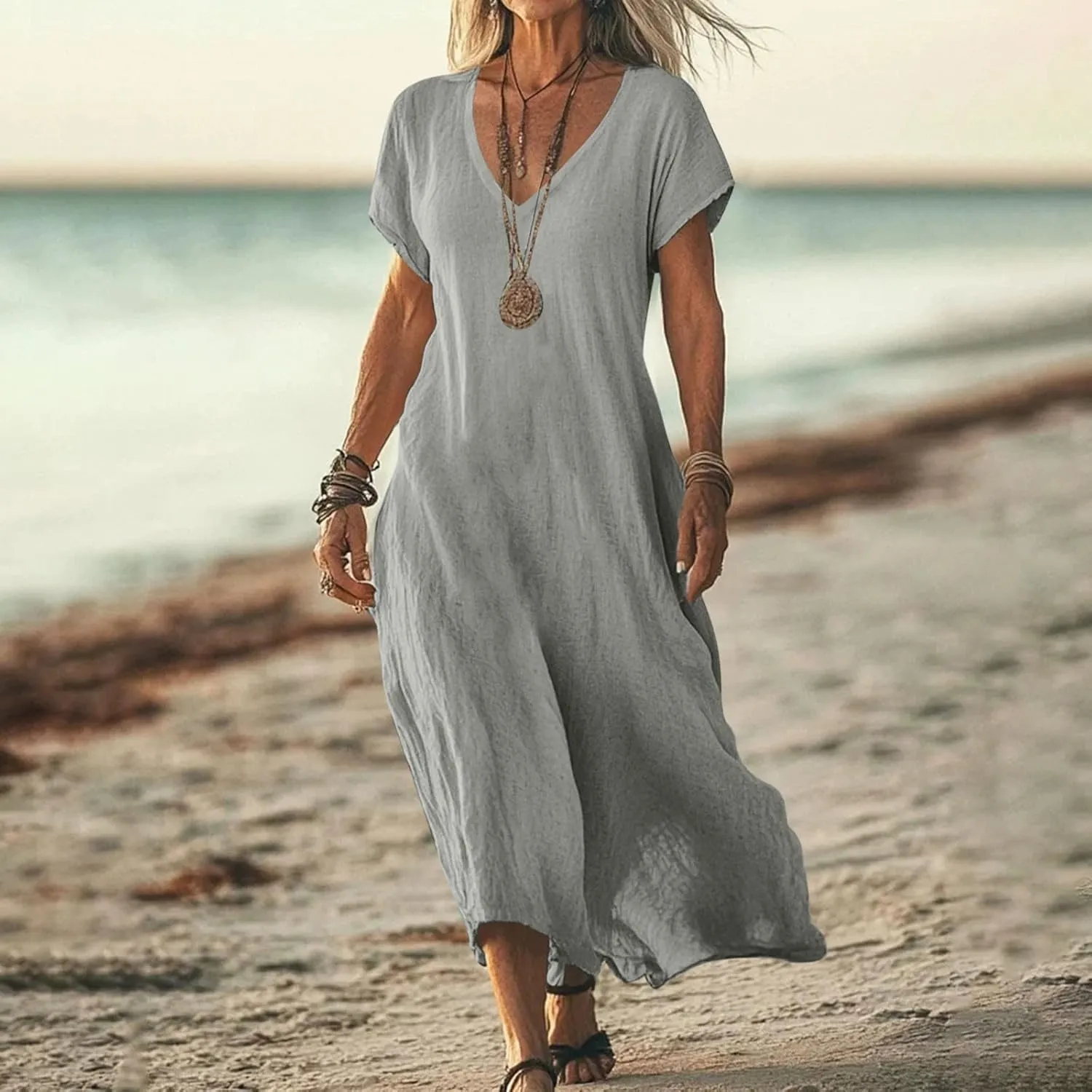 Linen Casual Dresses for Women Flowy V Neck Short Sleeve 2025 Maxi Dress Lightweight Summer Beach Vacation Clothes
