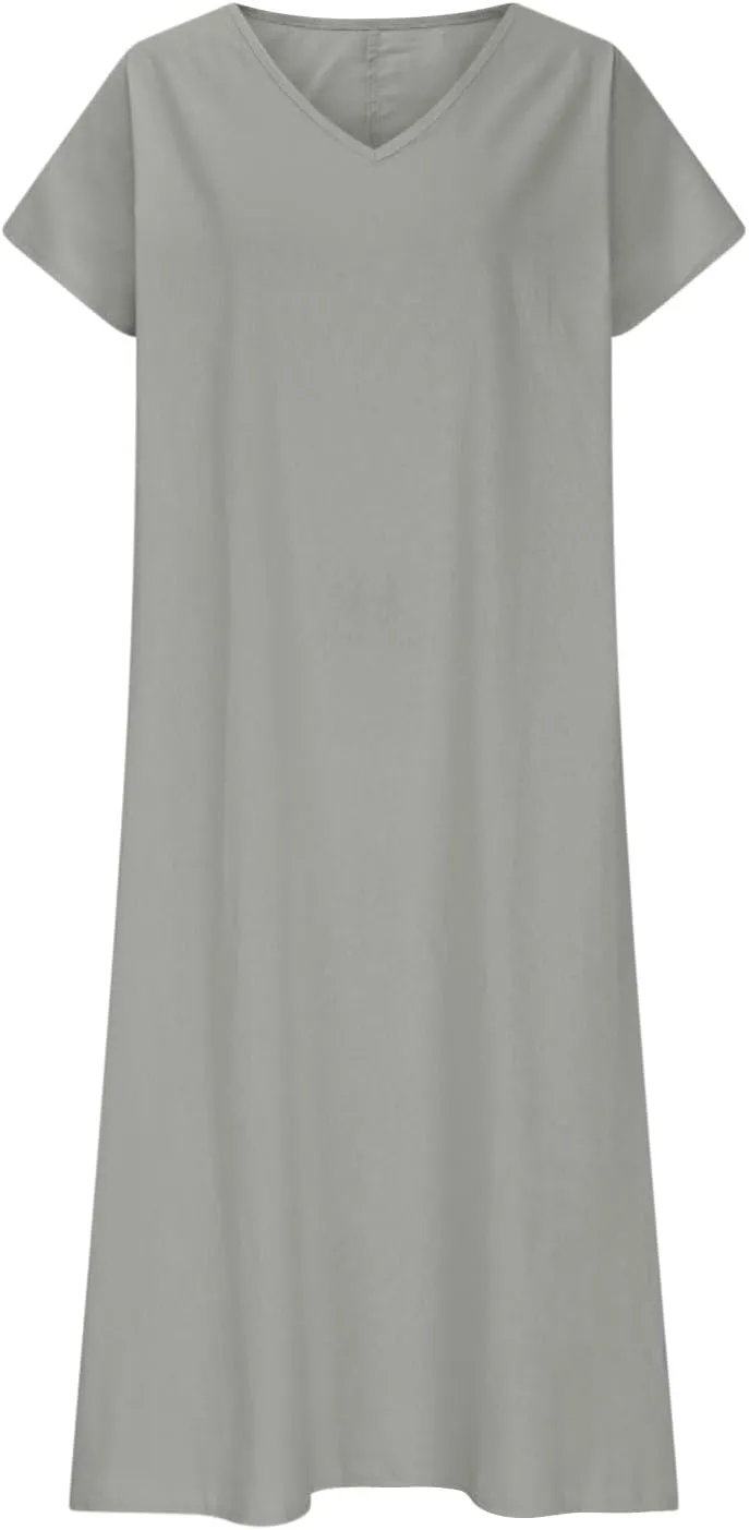 Linen Casual Dresses for Women Flowy V Neck Short Sleeve 2025 Maxi Dress Lightweight Summer Beach Vacation Clothes