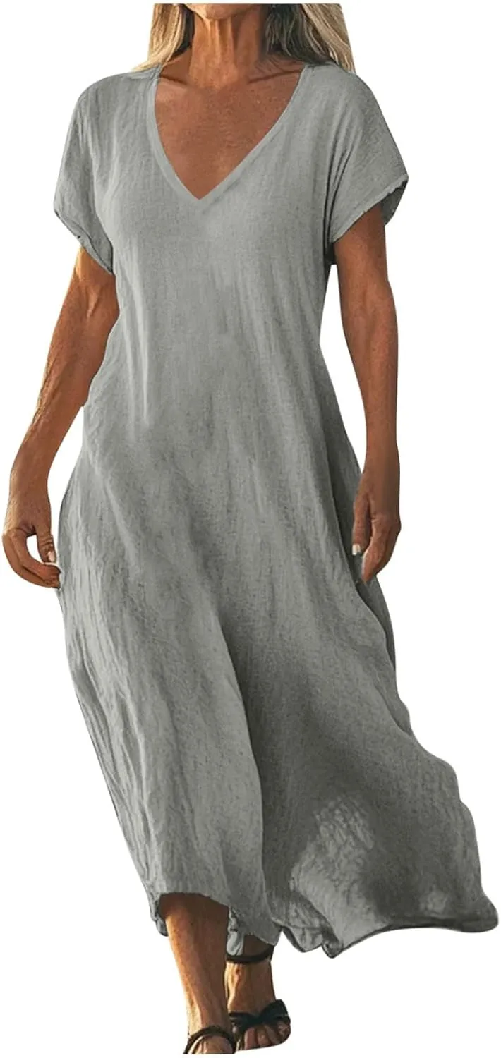 Linen Casual Dresses for Women Flowy V Neck Short Sleeve 2025 Maxi Dress Lightweight Summer Beach Vacation Clothes