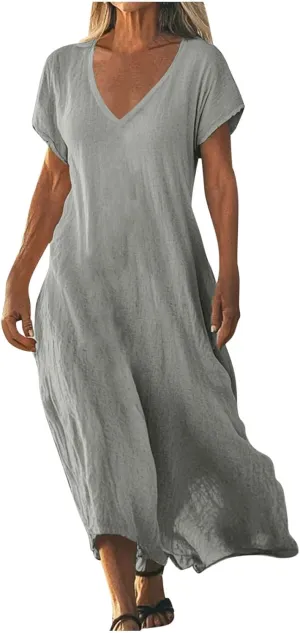 Linen Casual Dresses for Women Flowy V Neck Short Sleeve 2025 Maxi Dress Lightweight Summer Beach Vacation Clothes