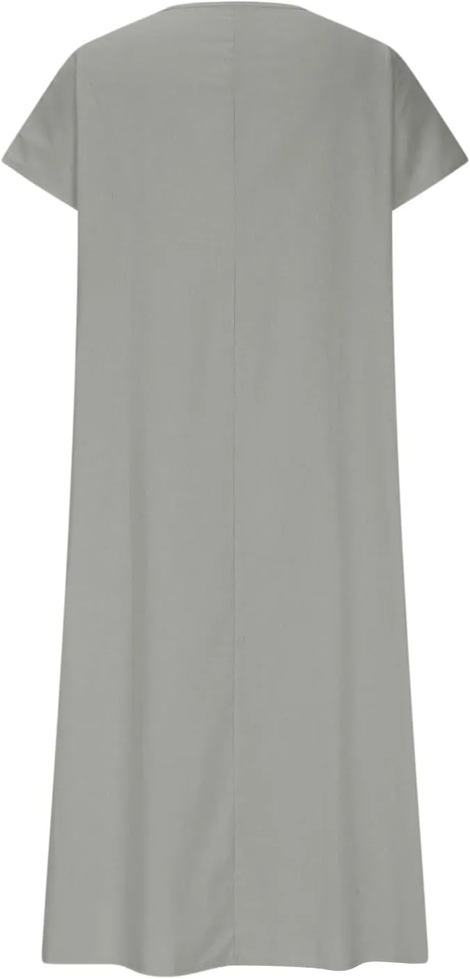 Linen Casual Dresses for Women Flowy V Neck Short Sleeve 2025 Maxi Dress Lightweight Summer Beach Vacation Clothes