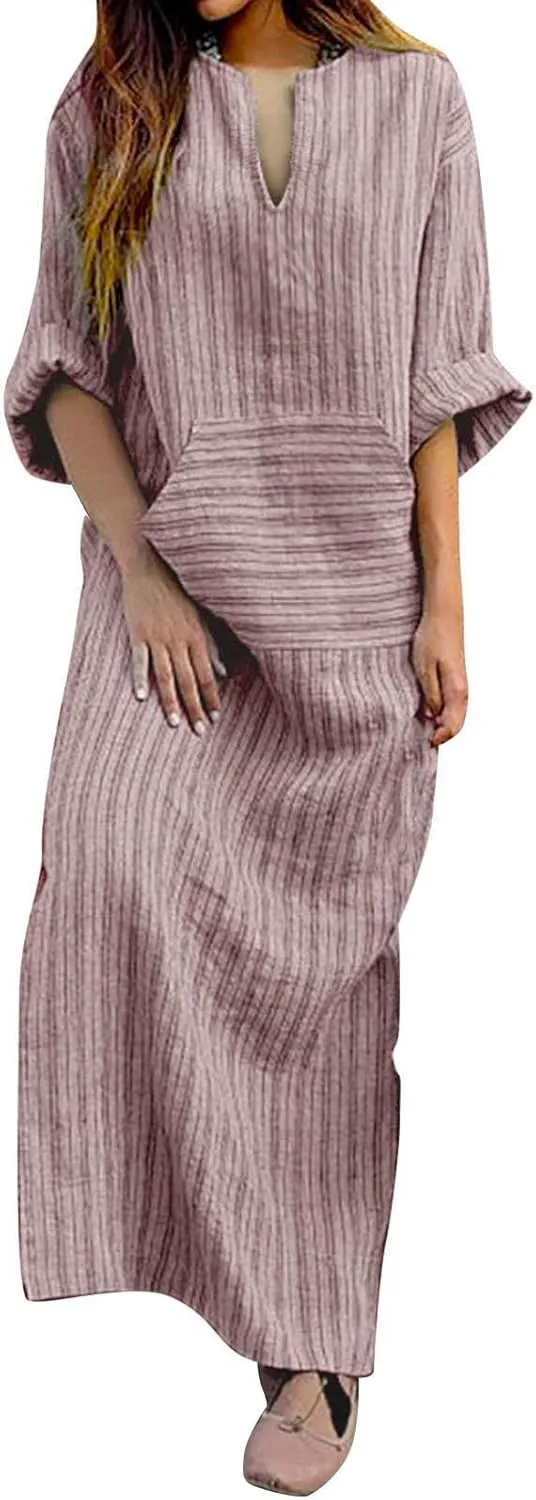 Linen Dress Women Summer Long Sleeve Maxi Dresses Japanese-Style V Neck Gown Robe Lightweight Long Dress with Front Pocket