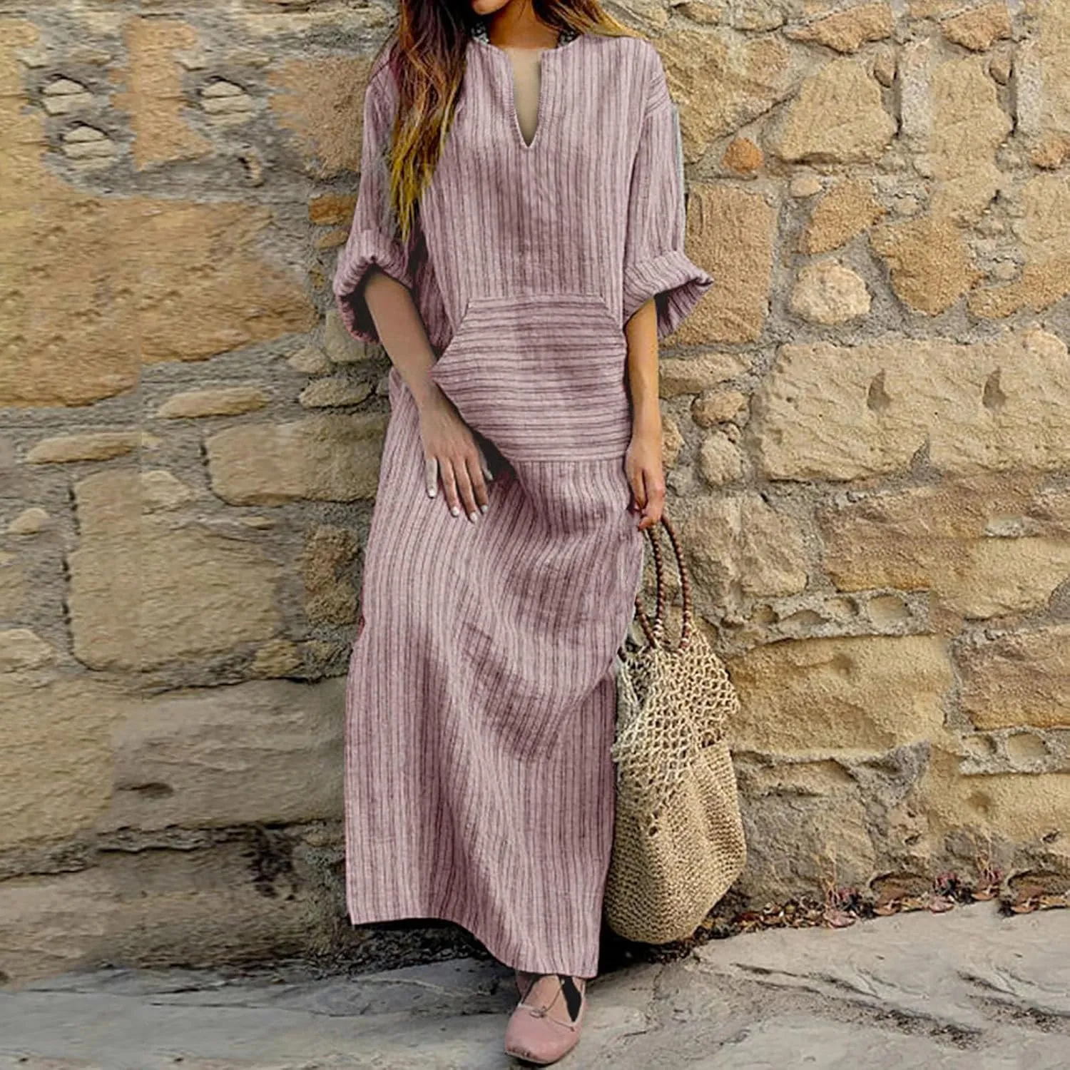 Linen Dress Women Summer Long Sleeve Maxi Dresses Japanese-Style V Neck Gown Robe Lightweight Long Dress with Front Pocket