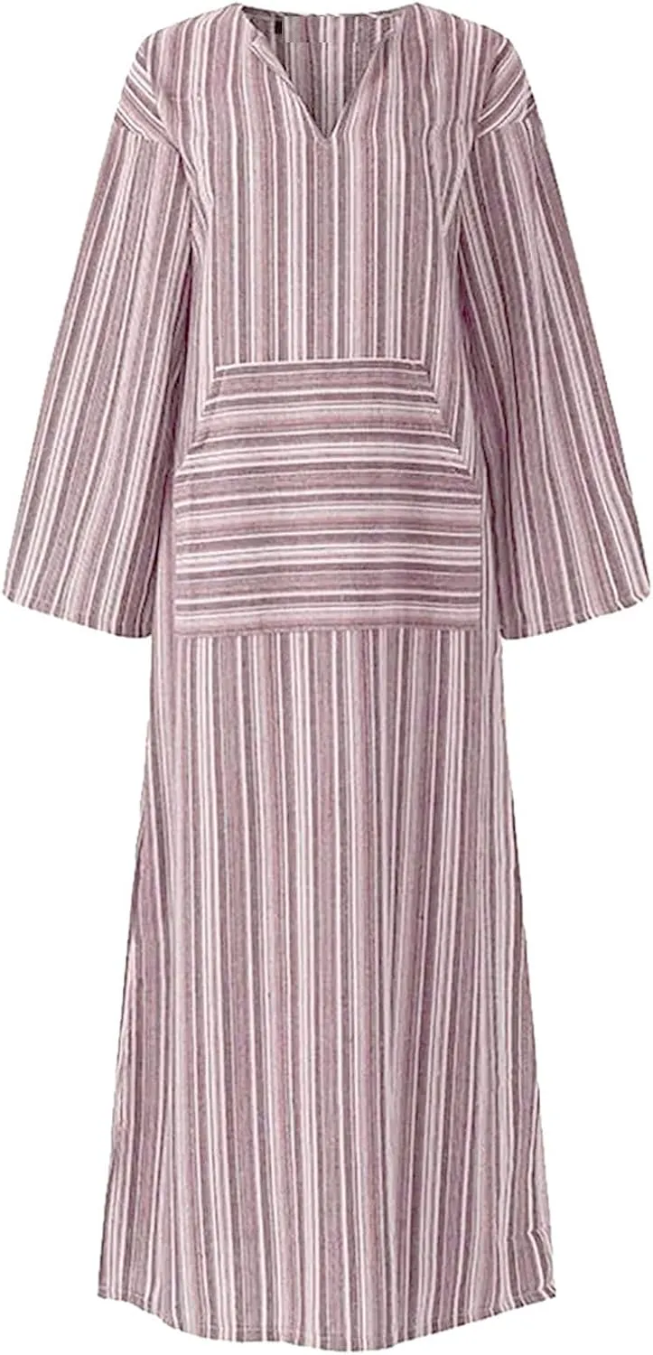 Linen Dress Women Summer Long Sleeve Maxi Dresses Japanese-Style V Neck Gown Robe Lightweight Long Dress with Front Pocket