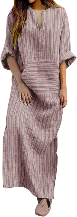 Linen Dress Women Summer Long Sleeve Maxi Dresses Japanese-Style V Neck Gown Robe Lightweight Long Dress with Front Pocket