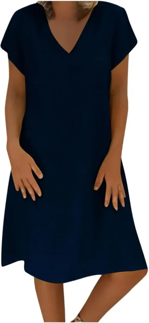 Linen Dresses for Women 2025 Flowy Casual V Neck Midi Dress Lightweight Summer Beach Clothes