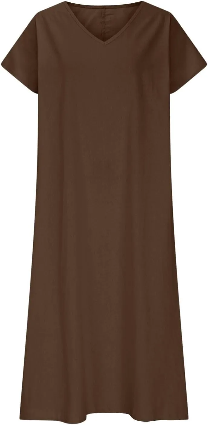 Linen Dresses for Women Flowy V Neck Short Sleeve 2025 Maxi Dress Lightweight Summer Beach Vacation Casual Clothes