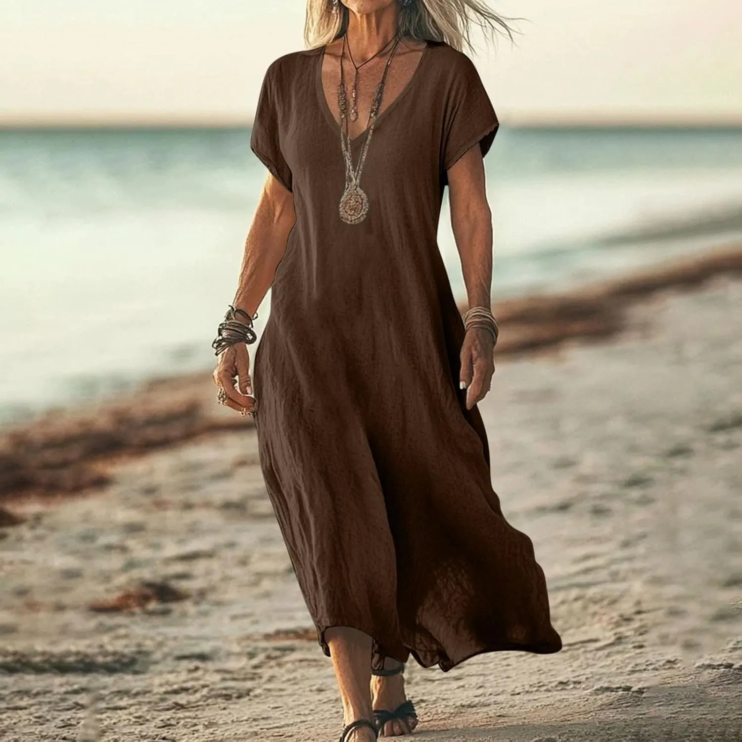 Linen Dresses for Women Flowy V Neck Short Sleeve 2025 Maxi Dress Lightweight Summer Beach Vacation Casual Clothes