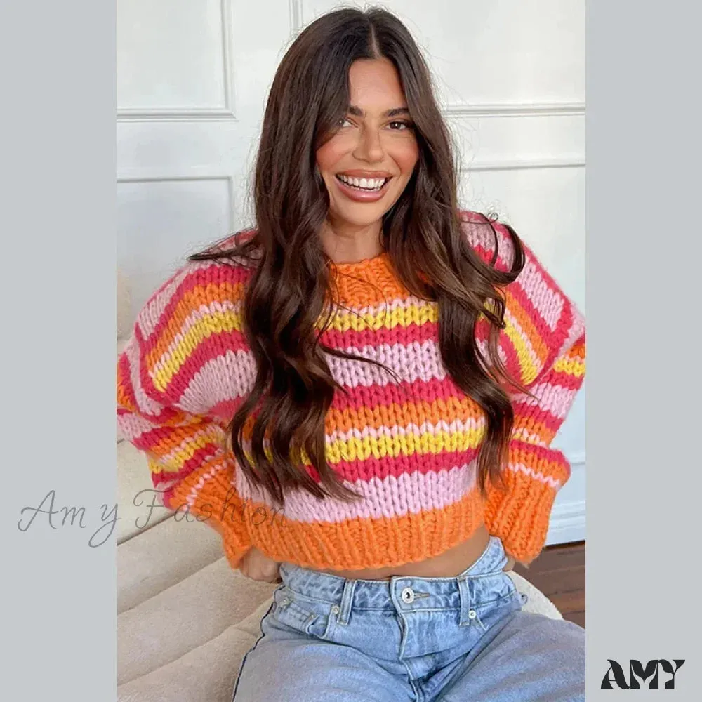 Loose Stripe Knitted Women Long Sleeve Oversize Short Hollow Out Sweater