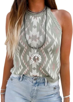 MARZXIN Women Sleeveless Sweater Tank Round Neck Casual Aztec Geometric Knit Sweater Top
