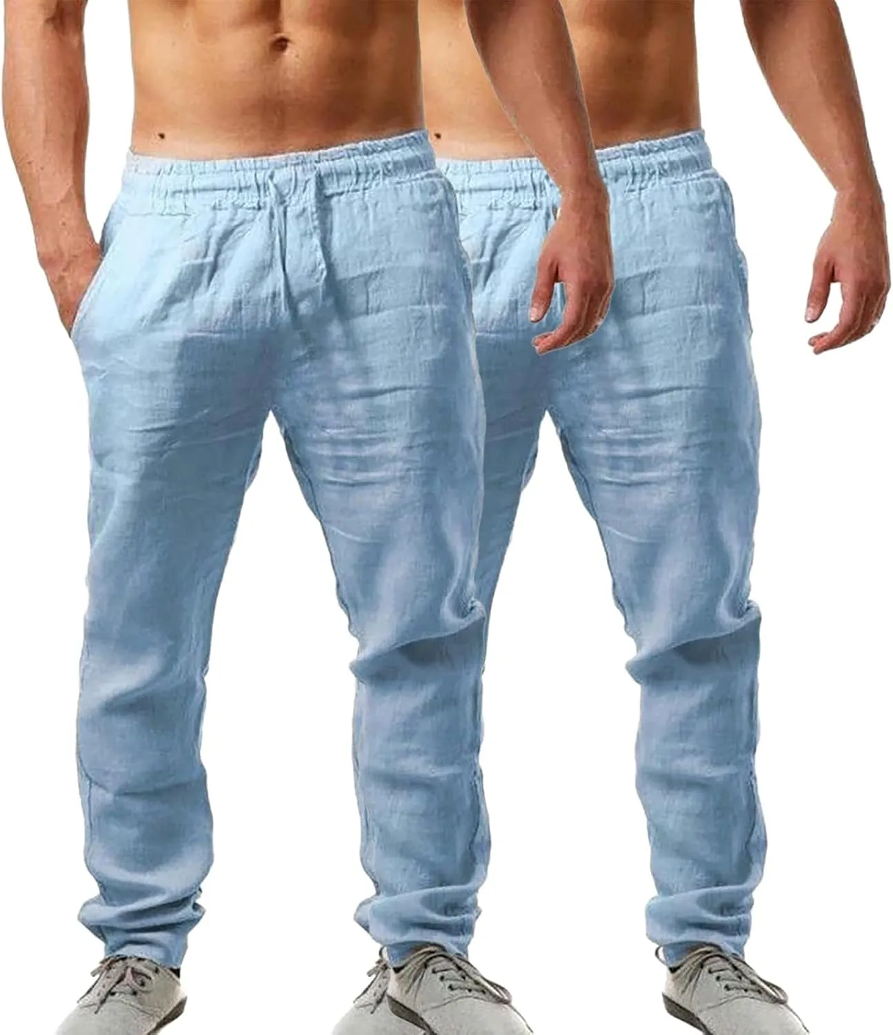 Men's 2 Pack Linen Pants Summer Casual Beach Pants Lightweight Vacation Slacks Elastic Waist Yoga Lounge Trousers