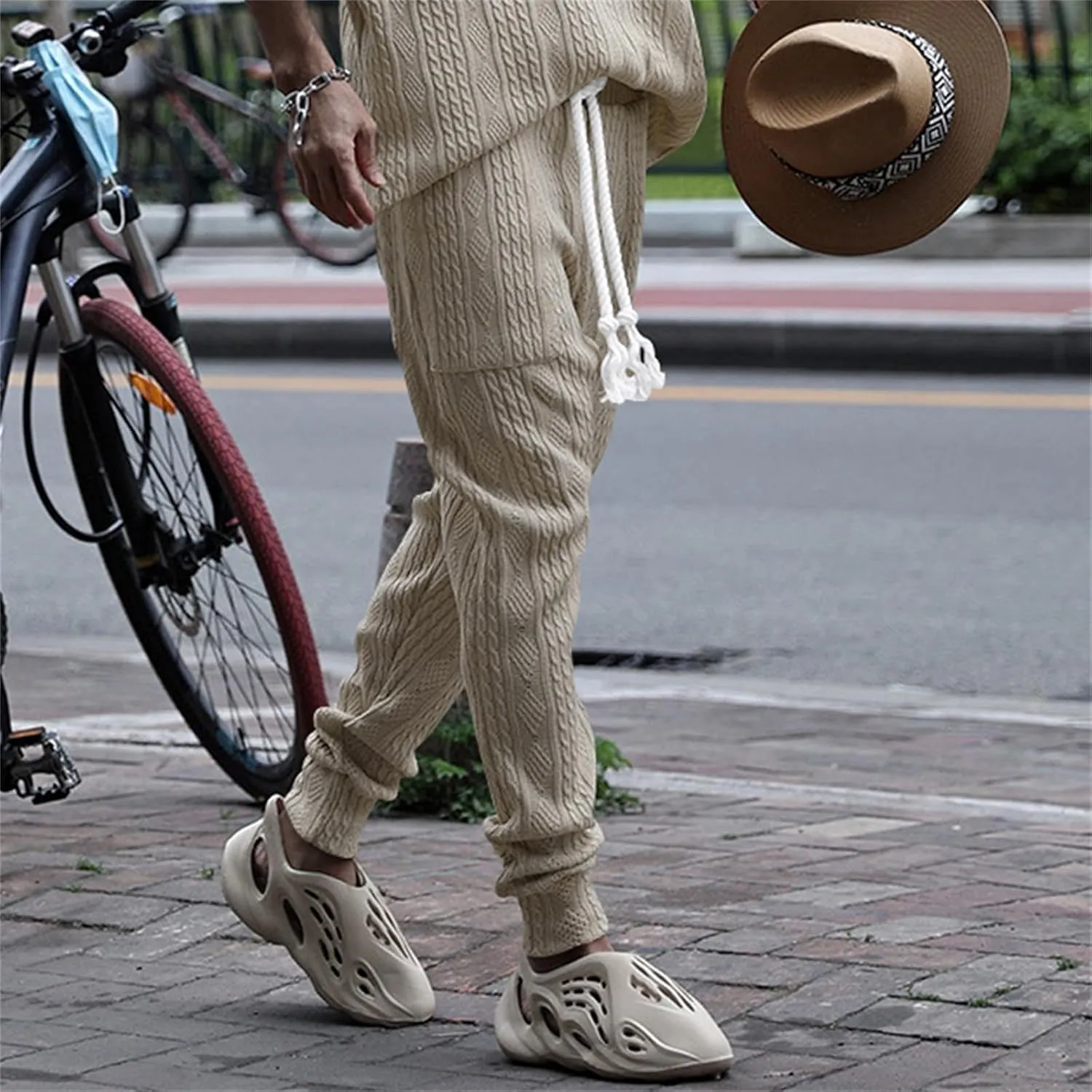 Mens Casual Chino Knitted Pants Elasticated Waist Drawstring Lightweight Sweatpants Loose Fashion Jogging Trousers