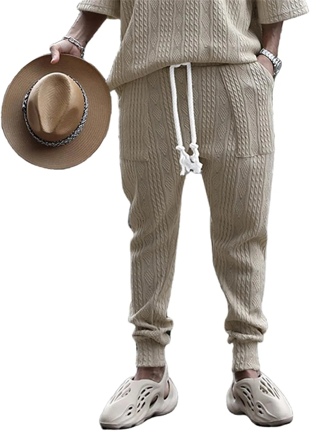 Mens Casual Chino Knitted Pants Elasticated Waist Drawstring Lightweight Sweatpants Loose Fashion Jogging Trousers