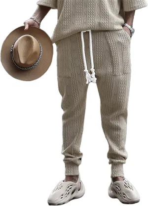 Mens Casual Chino Knitted Pants Elasticated Waist Drawstring Lightweight Sweatpants Loose Fashion Jogging Trousers