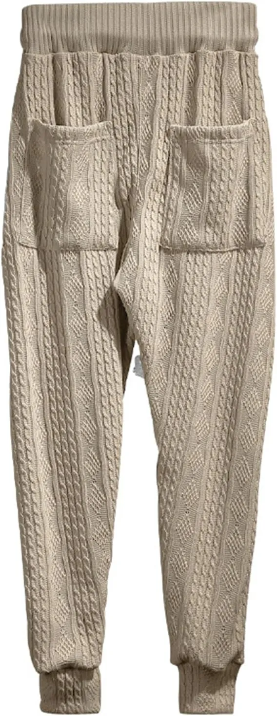 Mens Casual Chino Knitted Pants Elasticated Waist Drawstring Lightweight Sweatpants Loose Fashion Jogging Trousers