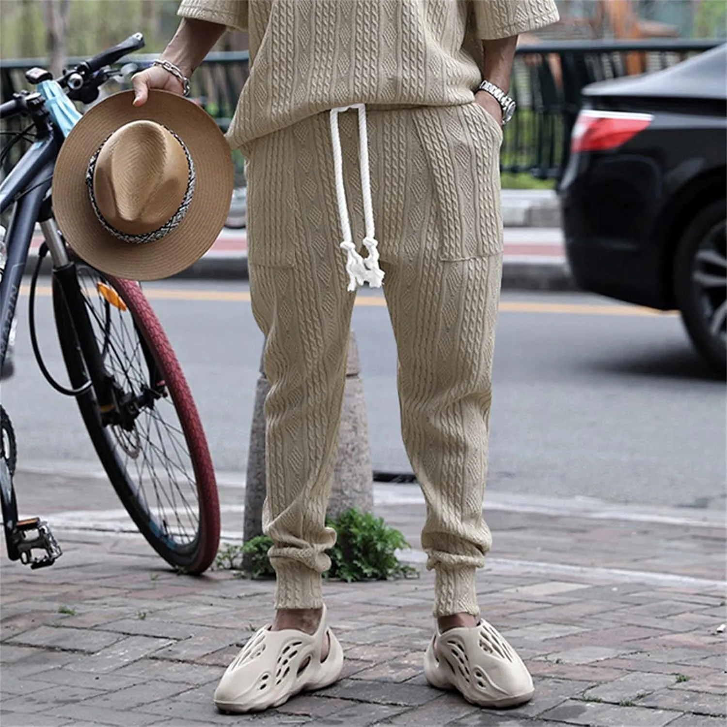 Mens Casual Chino Knitted Pants Elasticated Waist Drawstring Lightweight Sweatpants Loose Fashion Jogging Trousers