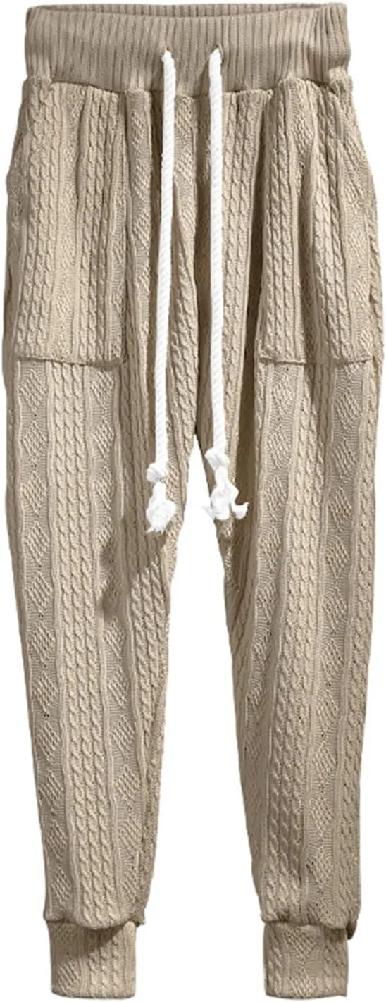 Mens Casual Chino Knitted Pants Elasticated Waist Drawstring Lightweight Sweatpants Loose Fashion Jogging Trousers