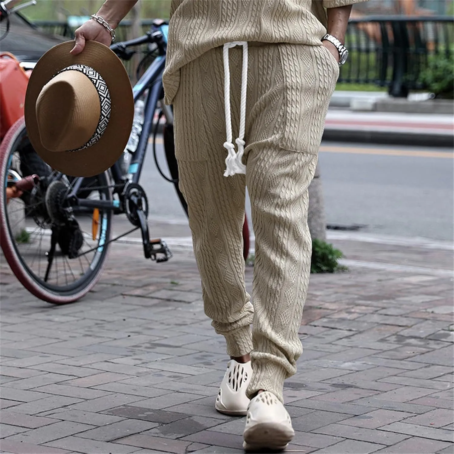 Mens Casual Chino Knitted Pants Elasticated Waist Drawstring Lightweight Sweatpants Loose Fashion Jogging Trousers