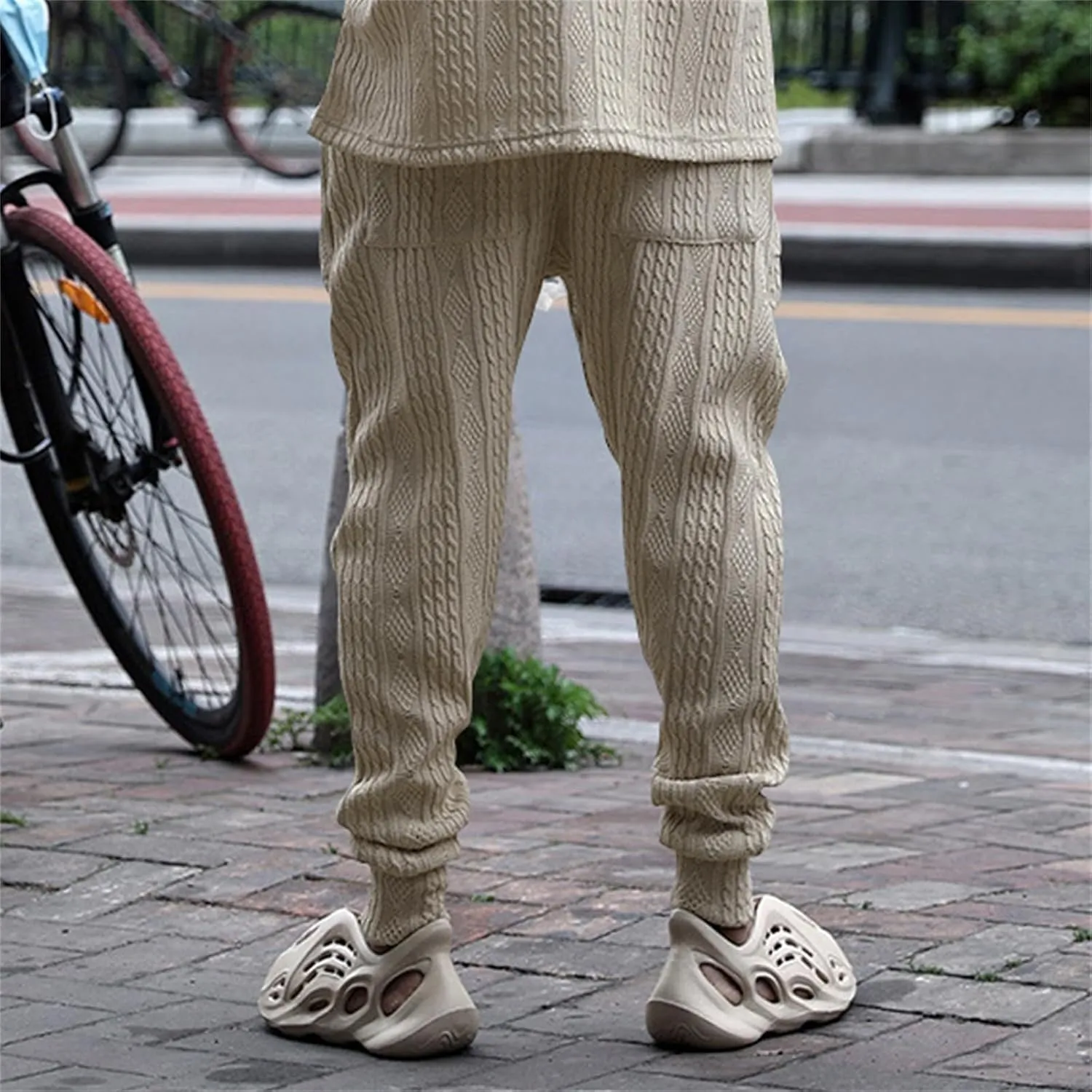 Mens Casual Chino Knitted Pants Elasticated Waist Drawstring Lightweight Sweatpants Loose Fashion Jogging Trousers