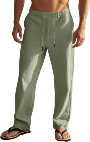Mens Casual Linen Lightweight Elastic Waist Drawstring Summer Beach Trousers Pants