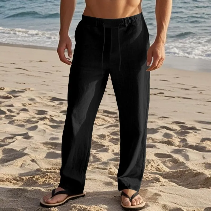 Mens Casual Linen Lightweight Elastic Waist Drawstring Summer Beach Trousers Pants