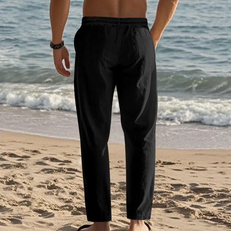 Mens Casual Linen Lightweight Elastic Waist Drawstring Summer Beach Trousers Pants