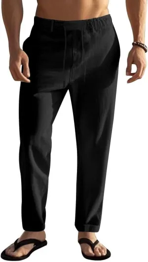 Mens Casual Linen Lightweight Elastic Waist Drawstring Summer Beach Trousers Pants